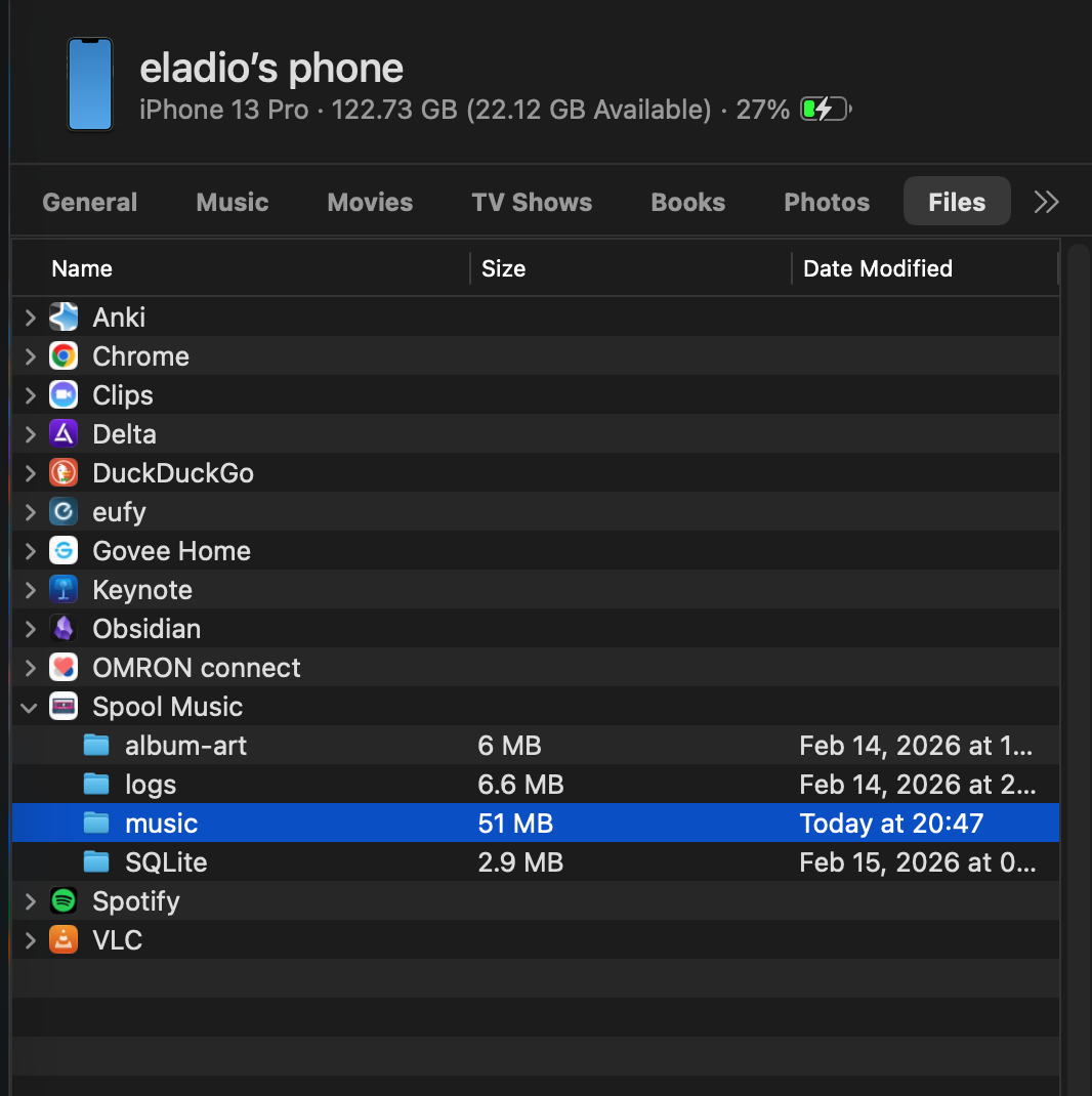 Finder window showing Spool Music app with music folder selected